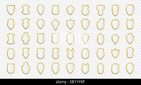 Elegantes Set von Schildsymbolen mit goldenen Rahmen, die auf einem transparenten Hintergrund dargestellt werden. Perfekt für die nahtlose Integration in Logos, Branding und digitale Inhalte Stock Vektor