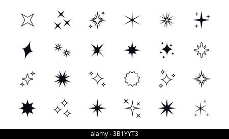 Set aus funkelnden Sternenformen mit Neonlicht. Abstrakte Vektorsymbole mit Glanzeffekt im futuristischen Retro-Stil. Funkelnde Sterne, Blitze und Explosionen für Krea Stock Vektor