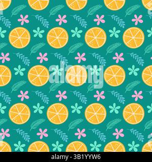 Nahtloses Muster mit orangefarbenen Scheiben, Blumen und Blättern auf blaublauem Hintergrund. Ideal für Sommer-, tropische oder kulinarische Designs. Stock Vektor