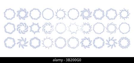 Mediterrane blaue Zweige mit kreisförmigem Rahmen, großes Set. Handgezeichnete runde Linie, Blätter und Blumen, Hochzeitseinladungen und Karten, Logo-Design und Stock Vektor