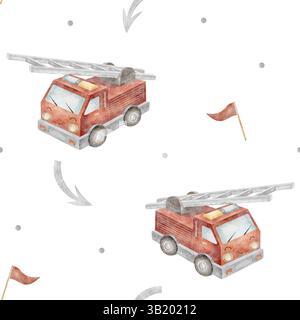 Feuerwehrauto mit Aquarellmuster, Auto für einen Jungen. Abbildung Transport, Pfeil, Flagge handgezeichnet. Nahtloses Drucken von Kindern auf isoliertem Hintergrundmaterial Stockfoto