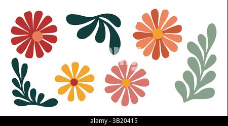 Set von handgezeichneten Gänseblümchen und Blättern Stock Vektor