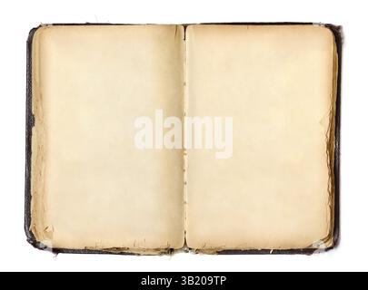 Öffnen Sie altes schäbiges braunes Buch mit verblassten leeren Seiten, um Platz für weißen Text zu haben Stockfoto