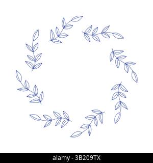 Mediterrane blaue Olivenzweige, kreisförmiger Rahmen. Handgezeichneter Rundrahmen, Blätter, Hochzeitseinladungen und Karten, Logo-Design und Postervorlage. Stock Vektor