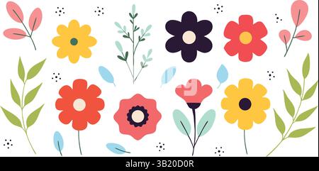 Fröhliche bunte Blumenvektor-Symbole im flachen Design: Lebendige und verspielte Illustrationen von Daisies, Tulpen, Mohnblumen und mehr für fröhliche Blumen Stock Vektor