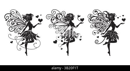 Elegante Fee mit Flügeln und Herzen - skurrile Illustration Stock Vektor