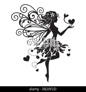 Elegante Fee mit Flügeln und Herzen - skurrile Illustration Stock Vektor