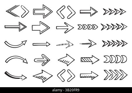 Kontur Hand gezeichnete Pfeile Symbolsatz in Doodle Style Vektor Grafiken Illustrationen, realistische Vektoren Kontur Stock Vektor