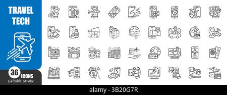 Reisetechonologie-Umrisssymbol. Editierbarer Schlaganfall. Vektor . Stock Vektor