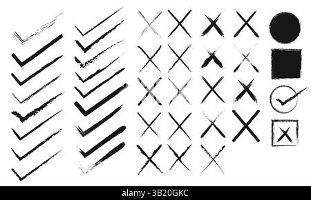 Set mit Häkchen, Kreuzen und Formen des Pinselstrichs – handgezeichnete gravige X-Markierungen, Häkchen, Kreise, Quadrate auf transparentem Hintergrund. Stock Vektor
