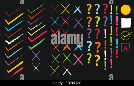 Bunte Grunge Pinselstriche Häkchen, Kreuze, Fragezeichen, Ausrufezeichen, handgezeichnete Symbole Set mit leuchtenden grungy abstrakten Elementen. Stock Vektor