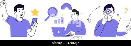 Flache Vektor-Illustration von Geschäftsmann-Arbeit, mobiler Erfolg und Forschungsanalyse Stock Vektor