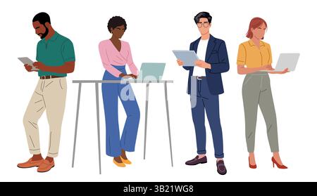 Geschäftsleute, die an einem Laptop oder einem digitalen Tablet arbeiten Stock Vektor