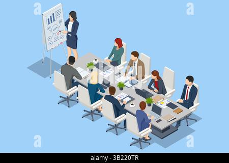 Isometrische Szene, in der Personen Geschäftsdiagramme und Diagramme auf einem Flipchart während einer Strategiediskussion analysieren. Flipchart mit Business-Profit-Diagrammen und Stock Vektor