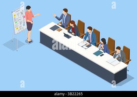 Isometrische Szene, in der Personen Geschäftsdiagramme und Diagramme auf einem Flipchart während einer Strategiediskussion analysieren. Flipchart mit Business-Profit-Diagrammen und Stock Vektor