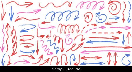 Pfeile handgezeichnet Set. Gerade und geschwungene, dünne Kritzelelemente. Freihandpfeil durch Markierungen. Vektorillustration dreht sich mit Bleistift. Rot, rosa und Stock Vektor