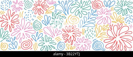 Feuerwerk-Linie handgezeichnet n Set. Feiern Sie bunte Feuerwerkskörper und Spritzer im Doodle-Stil auf weißem Hintergrund. Karnevalsschmuck. V Stock Vektor