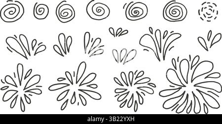 Handgezeichnetes Feuerwerk-Set. Party-Feuerwerkskörper und Spritzer im Doodle-Stil isoliert auf weißem Hintergrund. Karneval-Einrichtung in monochromer Linie mit Kritzelmotiv Stock Vektor