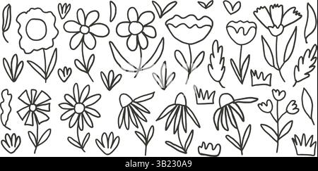 Blumen umreißen Holzkohle gezeichnet Set. Naive florale Kritzelei isoliert auf weißem Hintergrund. Gänseblümchen, Gras, hinterlässt schwarze, handgezeichnete Elemente. Vektorch Stock Vektor