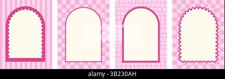 Rosafarbenes Rahmenset mit Bogenmuscheln. Geometrische Kritzelvorlagen für wellenförmige Kanten. Kurvenbogen begrenzt den Hintergrund. Poster-Einladung leer mit Türportalelementen und Stock Vektor