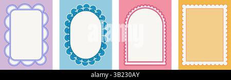 Geometrische Retro-Muschelrahmen. Gewellter grooviger Bogen, rechteckige und ovale Ränder isoliert auf weißem Hintergrund. Poster mit mehrfarbigem wackeligen Dekor Stock Vektor