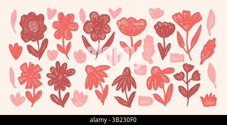 Blumen Buntstift gezeichnet Set. Naive Blütenkritzeleien. Kamille, Mohn, Gras, Blätter Skizzenelemente. Rosafarbene und rote Gartenblumen und Gänseblümchen. Ve Stock Vektor