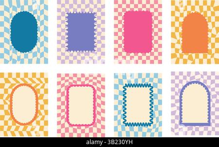 Geometrische, funky-farbige Textfelder mit Muschelmuster. Gewellter grooviger Bogen, rechteckige Ränder isoliert auf kariertem Hintergrund. Wackelige, dekorative y2k-Beschreibungen. V Stock Vektor