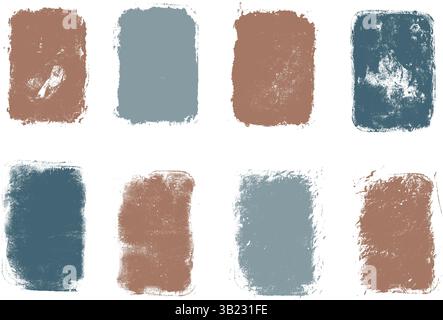 Ein Satz von ruinierten Stempeln aus Gouache-Grunge. Rechteckige Rahmen. Linolschnitt mit ausgerollter Farbe. Vektortextur verschmierter Geräusche. Raue blaue und braune Dekoraten Stock Vektor