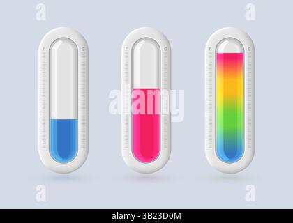 Sammlung realistischer 3D-Wettersymbole mit kalten und heißen Temperaturen auf hellem Hintergrund. Vektorabbildung. Stock Vektor