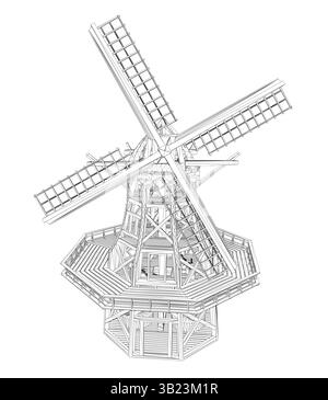 Eine Windmühle ist in einer schwarz-weißen Zeichnung dargestellt. Die Windmühle ist hoch und hat eine große, spitze Spitze. Die Zeichnung vermittelt ein Gefühl von Nostalgie und s Stock Vektor