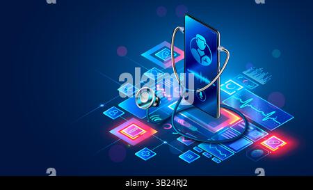 Arzt-Online-Beratungskonzept. Medizinische Technologie-Symbole und Grafiken rund um Telefon-Bildschirm mit Therapeuten im Chat im Messenger, Online-Arzt consu Stock Vektor