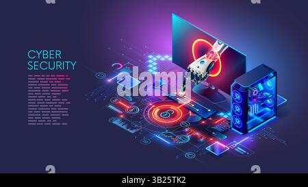 Cybersicherheitskonzept. Die Hand des bösartigen Bots ragt aus dem Computerbildschirm und drückt die Taste auf der Tastatur. Das Sperrsymbol auf dem Bildschirm blockiert den Zugriff auf Benutzerdaten. Stock Vektor