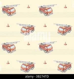 Feuerwehrauto mit Aquarellmuster, Auto für einen Jungen. Illustration Hand gezeichnete Streifen grau auf gelbem Pastellhintergrund im Zeichentrickstil. Nahtloser Druck Stockfoto