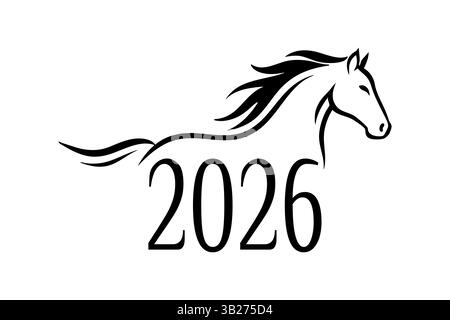 Schwarz-weiße, minimalistische Pferdegrafik mit fließender Mähne, die 2026 das chinesische Sternzeichen des Pferdes darstellt. Stock Vektor