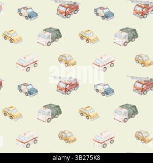 Nahtloses Muster Stadtautos Polizei, Taxi, Feuerwehrauto, Müllwagen, Krankenwagen. Aquarellbilder für Kinder auf grünem pastellfarbenem Hintergrund Stockfoto