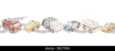 Aquarellbilder Stadtautos, Feuerwehrauto, Müllwagen, Taxi, Polizei, Krankenwagen. Banner nahtlos handgezeichnet für das Design von Kinderkarten Stockfoto