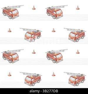 Aquarellzeichnung Feuerwehrauto, Jungenauto auf grauen Streifen. Abbildung Transport handgezeichnet. Nahtloses Drucken von Kindern auf isoliertem Hintergrundmaterial Stockfoto