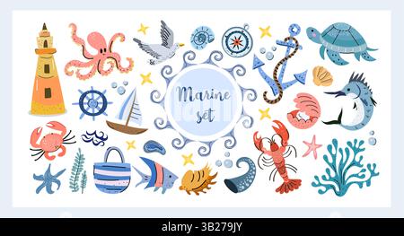 Marine Set Summer Beach Clipart Kollektion. Handgezeichnetes Marineset mit Leuchtturm, Anker, Tintenfisch, Schildkröte, Fischen, Muscheln und Segelboot Stock Vektor