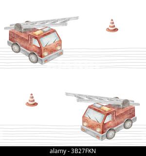 Feuerwehrauto mit Aquarellmuster auf grauen Streifen. Illustration Kinderauto handgezeichnet im Cartoon-Stil. Nahtlos gedruckter Hintergrund für den Stadtverkehr Stockfoto