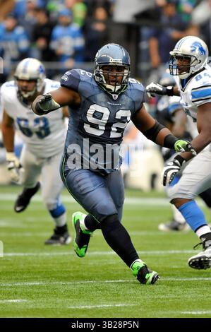 Seattle Seahawks Defensive Tackle Brandon Mebane (92) im Spiel Seattle Seahawks vs. Detroit Lions im Qwest Field in Seattle, Washington am 8. November 2009...Endergebnis: Seattle 32, Detroit 20 (Credit Image: © Steve Kajihiro/Cal Sport Media/ZUMApress.com) Stockfoto