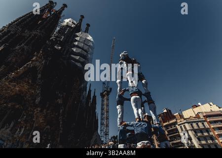 Barcelona, Spanien. April 2025. Die „Minyons de Terrassa“ bauen einen menschlichen Turm vor Barcelonas Sagrada Familia. Quelle: Matthias Oesterle/Alamy Live News Stockfoto