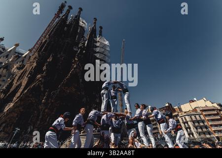 Barcelona, Spanien. April 2025. Die „Minyons de Terrassa“ bauen einen menschlichen Turm vor Barcelonas Sagrada Familia. Quelle: Matthias Oesterle/Alamy Live News Stockfoto