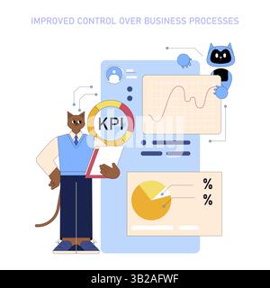 KI für Manager verbessert die Kontrolle von Geschäftsprozessen durch Datenanalyse und Leistungskennzahlen. Die Abbildung zeigt die wichtigsten Leistungsindikatoren und Analysetools, die die Effizienz im Management symbolisieren. Stock Vektor