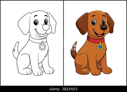 Ausmalseite Für Kinder Mit Süßem Kleinen Hund Zum Ausdrucken. Stock Vektor