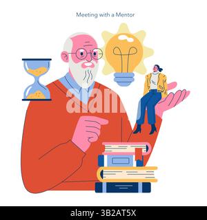 Die Abbildung zeigt einen Mentor, der eine junge Person in einem produktiven Meeting begleitet. Elemente wie eine Sanduhr und eine Glühbirne symbolisieren den Lauf der Zeit und innovative Ideen. Die Szene erfasst das Wesen von Wachstum und Lernen durch Mentoring und betont die Bedeutung von Wissenstransfer und persönlicher Entwicklung. Vektorabbildung. Stock Vektor