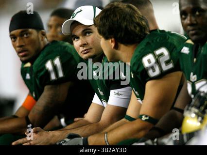 NOVEMBER 2009 - TAMPA, FL, USA - WILLIE J. ALLEN JR. | Times .TP 312214 ALLE BULLS.(11/28/2009 Tampa) Bulls verletzte Quarterback Matte Groethe (8) sitzt mit seinen Mitspielern an der Seitenlinie, als sie im vierten Quartal des Spiels von den Miami Hurricanes geschlagen werden. Endpunktzahl 31 - 10 Miami...Beschreibung Spiel der University of Miami Hurricanes und der University of South Florida Bulls Samstag, 28. November 2009 im Raymond James Stadium, Fla. [WILLIE J. ALLEN JR., Times] (Bild: © St. Petersburg Times/ZUMApress.com) Stockfoto