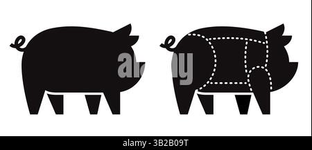 Das Symbol für die Silhouette des Schweins mit Schweinefleischaufschnitten, Infografik für den Metzger. Einfache, minimale Schwarzweiß-Vektorillustration. Stock Vektor