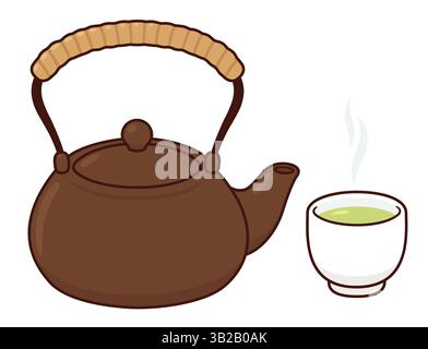 Japanische Teezeremonie. Teekanne aus Ton und dampfende Tasse grünem Tee. Einfache Zeichentrickstil Vektor-Illustration. Stock Vektor