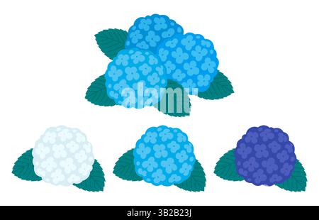 Hortensie Blume im einfachen, flachen Cartoon Stil. Weiße, hellblaue und dunkelblaue Farben. Isolierte Vektorgrafik. Stock Vektor