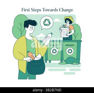 Feiern Sie den Tag der Erde mit dieser Abbildung, die Menschen zeigt, wie sie Maßnahmen für Nachhaltigkeit ergreifen. Durch Recyclingmaßnahmen und Abfalltrennung fördert es das Umweltbewusstsein und die Beteiligung der Gemeinschaft. Stock Vektor